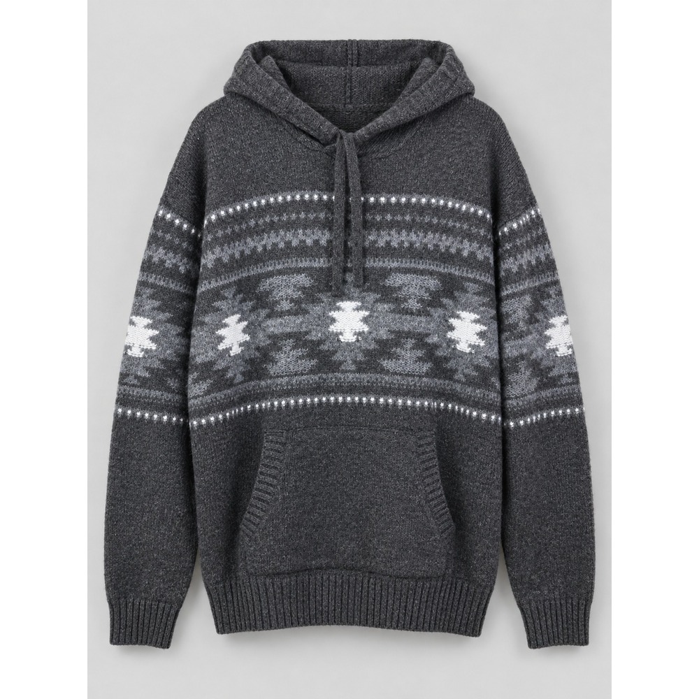 American Eagle Knit Hoodie Mens XL Gray Fair Isle Southwestern Nordic Sweater